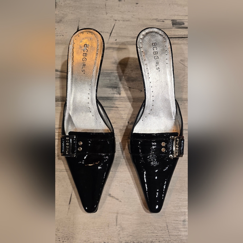 BCBGirls Black Patent Mules with Silver Buckle Detail